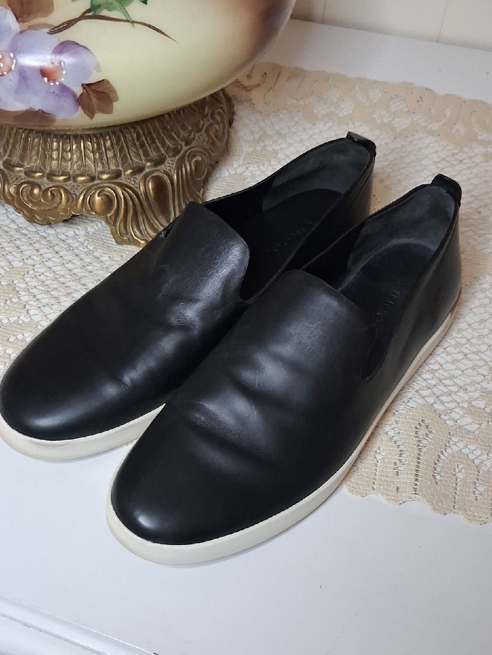 Vince Black Leather Slip-On Loafers with White Sole